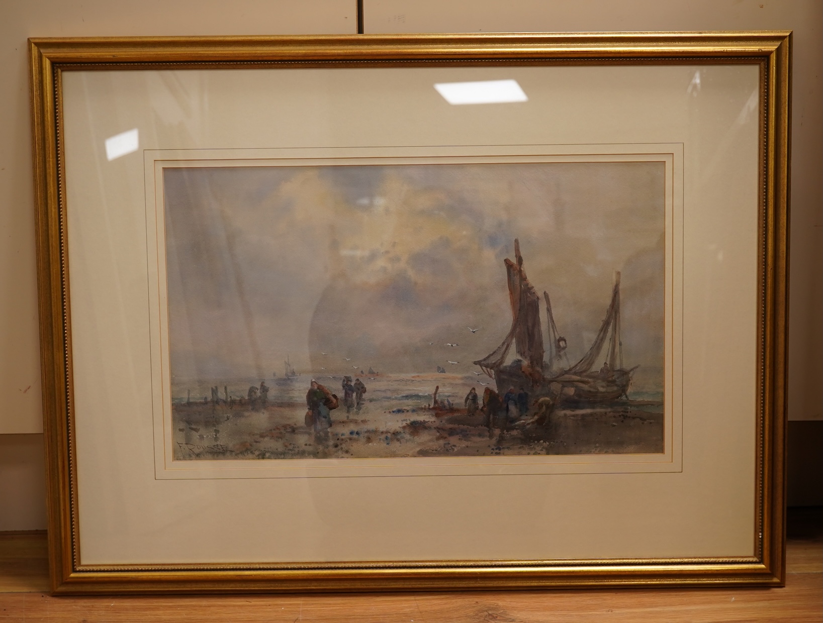 Frank Rousse (1849-1917), ‘Unloading the catch, Whitby’, signed, watercolour, 30 x 50cm
